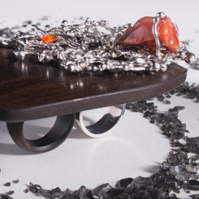 Ebony and silver double ring with mexican fire opals