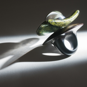 Ebony ring with "leaf" green jasper and quartz cabochon sagenitic with chlorite finished in silver